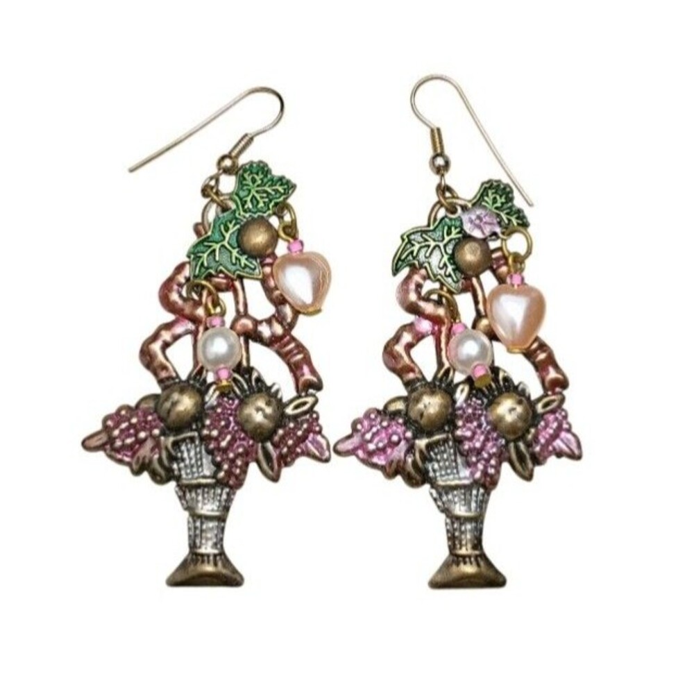 Vintage Banana Bob Fruit Basket Earrings Enamel Pearl Dangle